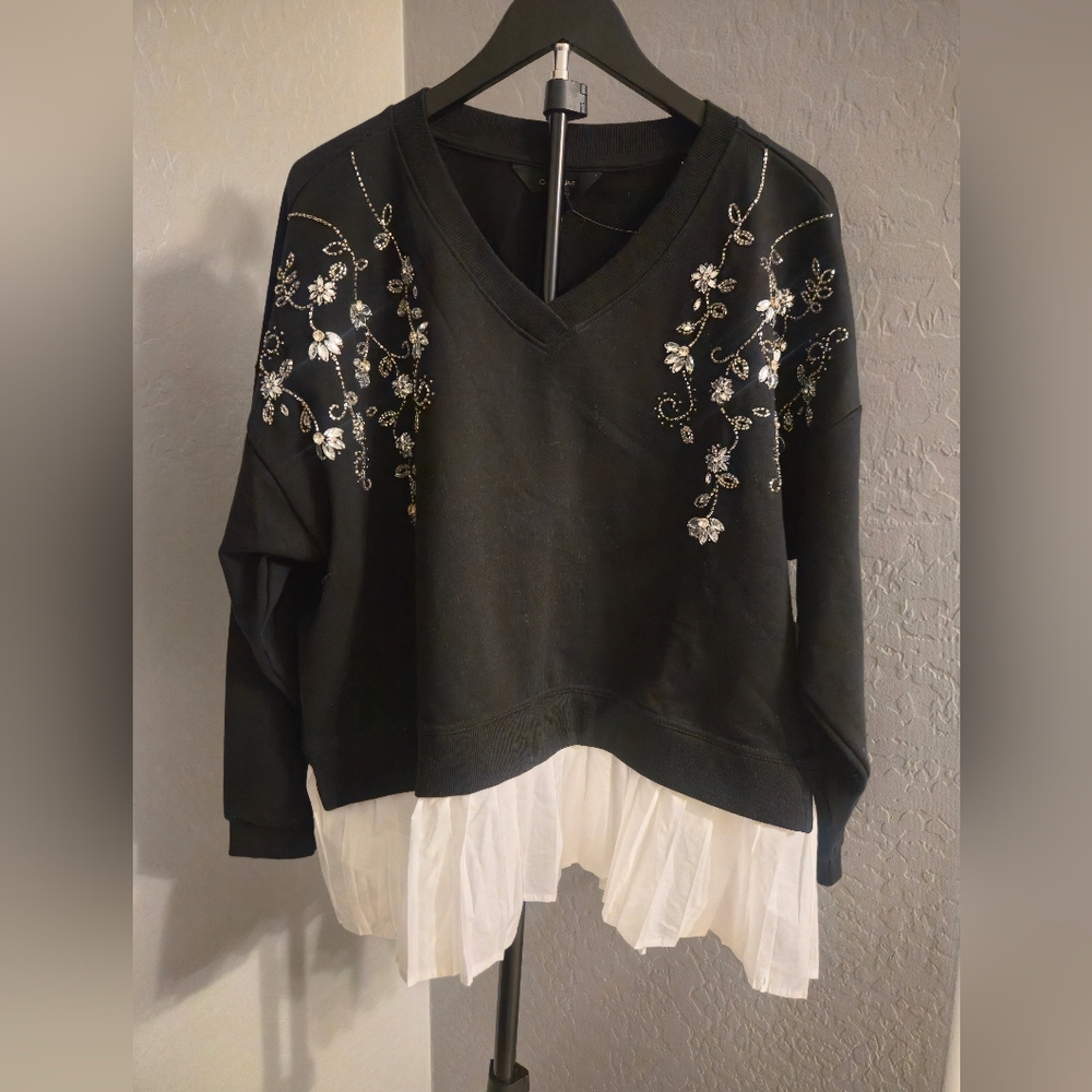Calligraphie Embellished Floral Beaded Sweatshirt w/ Pleated Hem Size L NWT